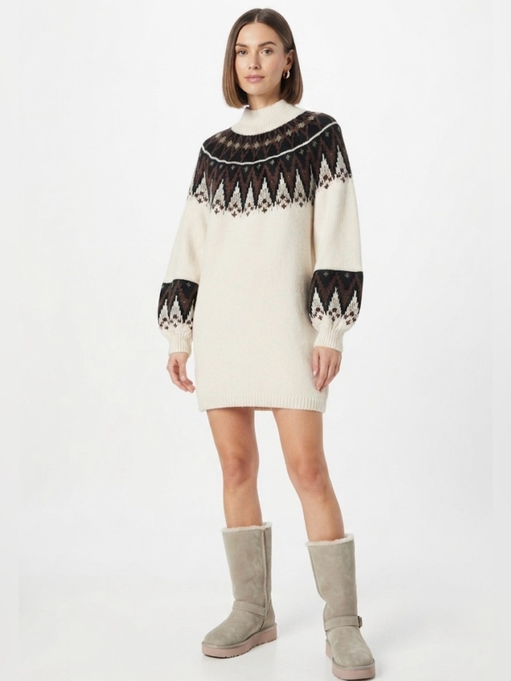 Free People Scotland Fair Isle Balloon Sleeve Mock Neck Sweater Dress M